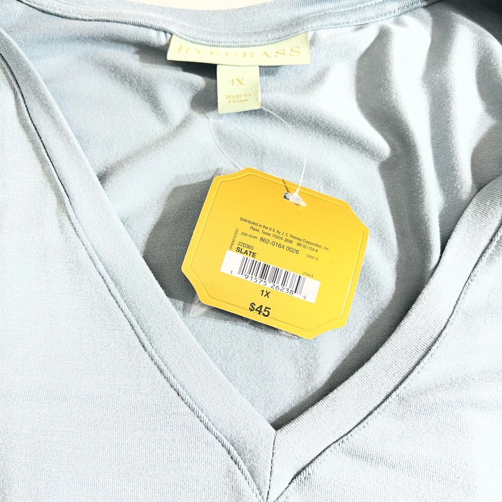 Ryegrass Sky Blue V-Neck Ruched Sleeve Top - Picture 6 of 8